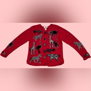 90s Animal Appliqué Red Cardigan Sweater